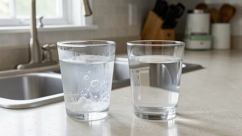 Comparison of hard water and soft water showing mineral deposits on one side and clean glassware on the other